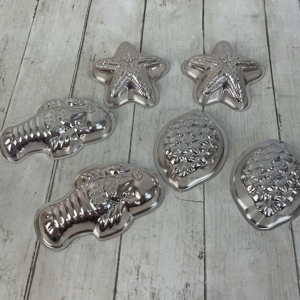 6 Vtg Lobster Starfish Sealife Molds Jello Kitchen Decor Metal Silver / Lt Pink